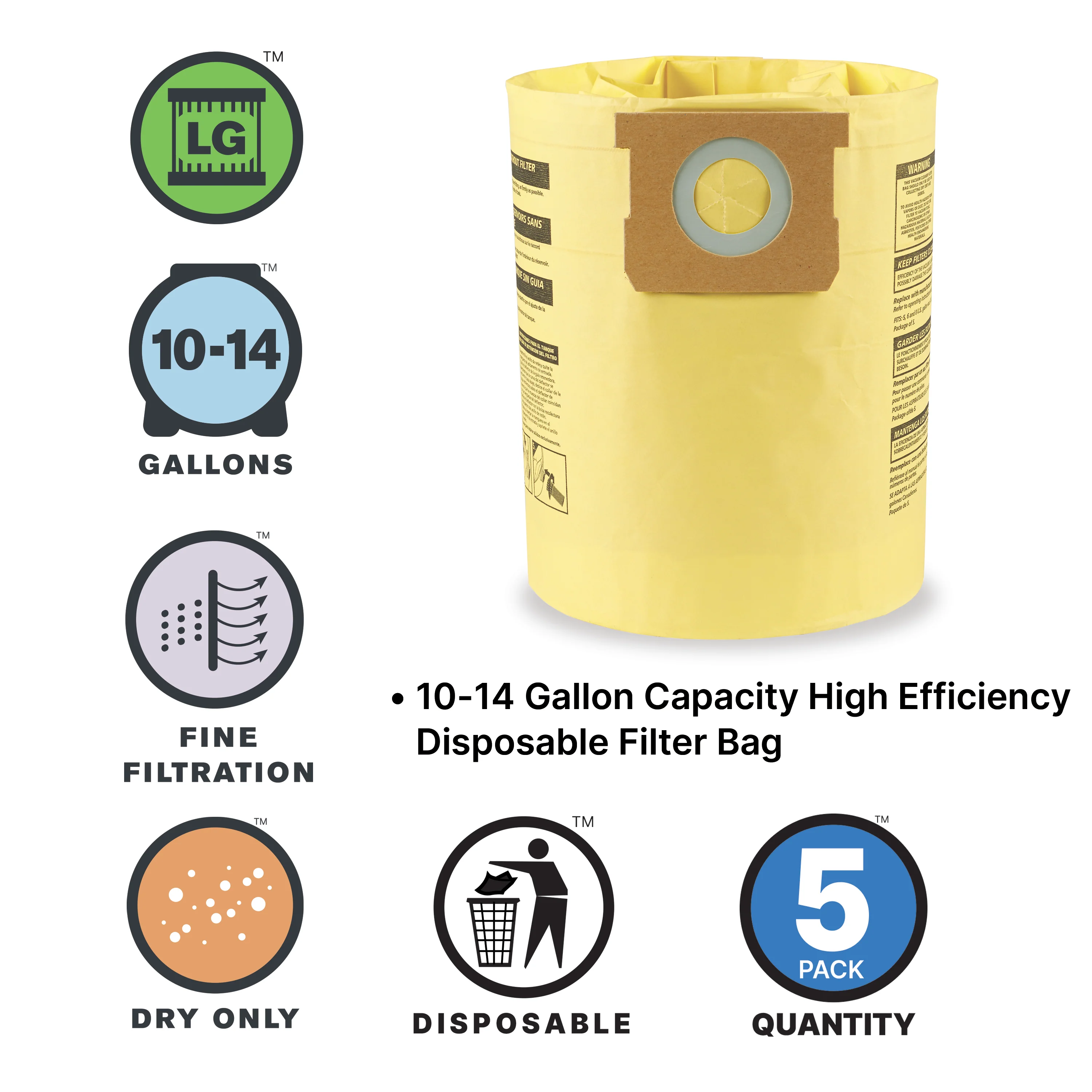 Shop-Vac® 10-14 Gallon High Efficiency Disposable Filter Bags (5 pack) 5 Shop-Vac® 10-14 Gallon High Efficiency Disposable Filter Bags (5 pack)