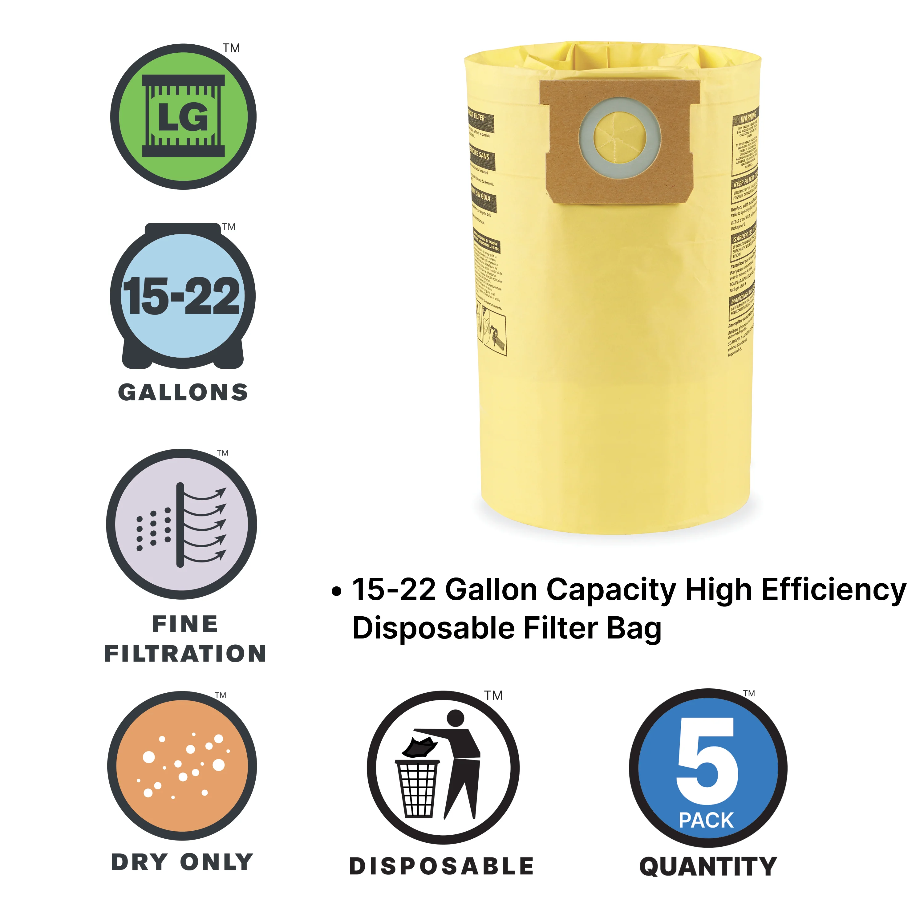 Shop-Vac® 15-22 Gallon High Efficiency Disposable Filter Bags (5 pack)