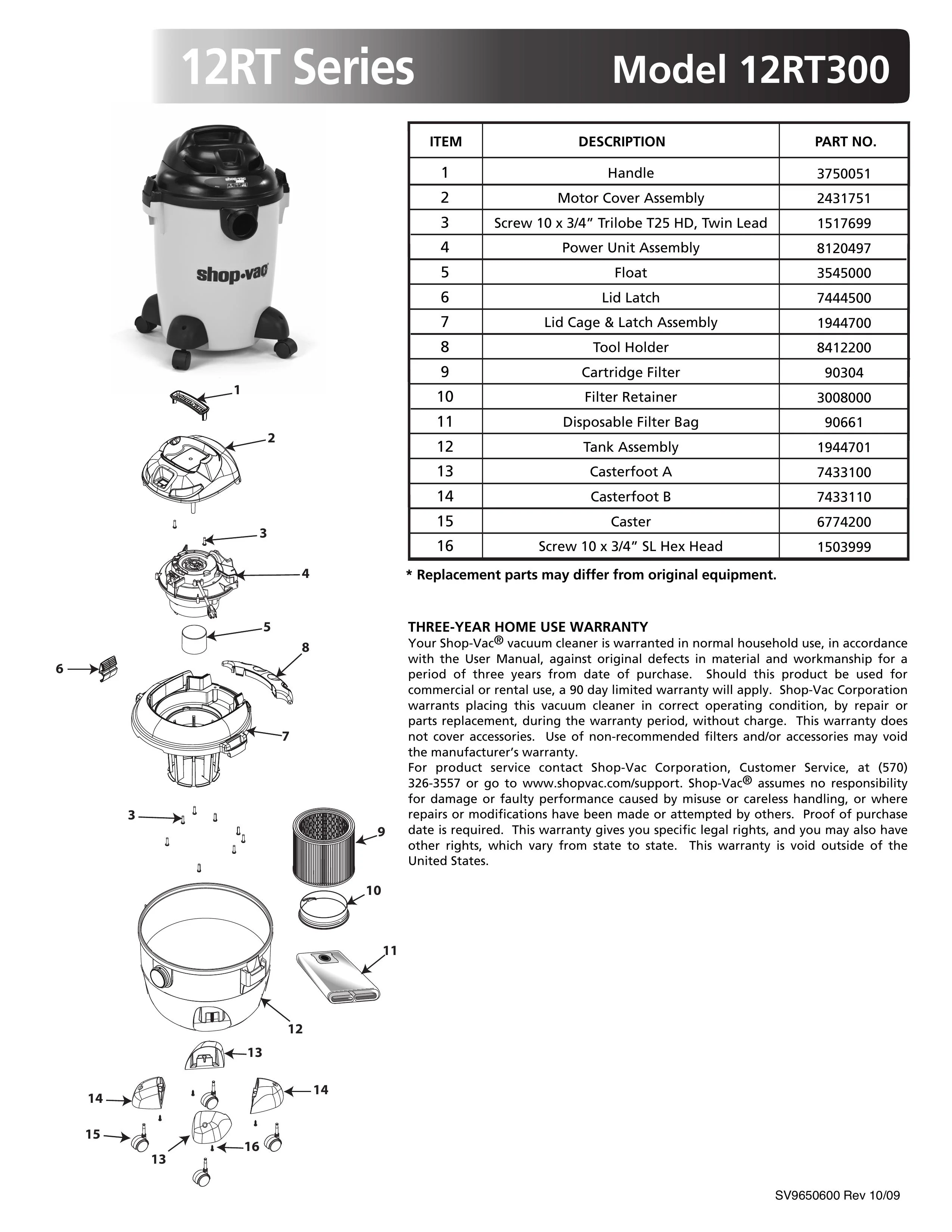 Shop-Vac Parts List for 12RT300 Models (6 Gallon* Yellow / Black Vac)