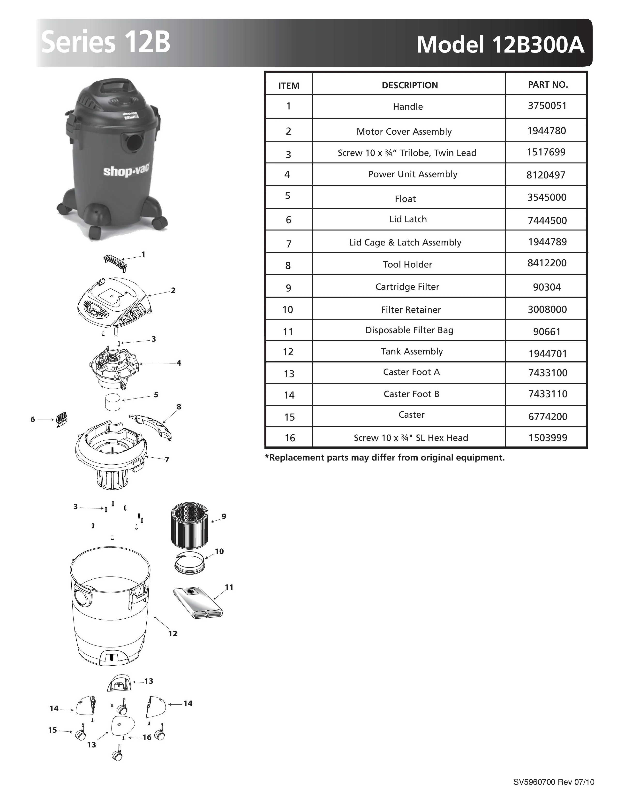 Shop-Vac Parts List for 12B300A Models (6 Gallon* Black Vac)