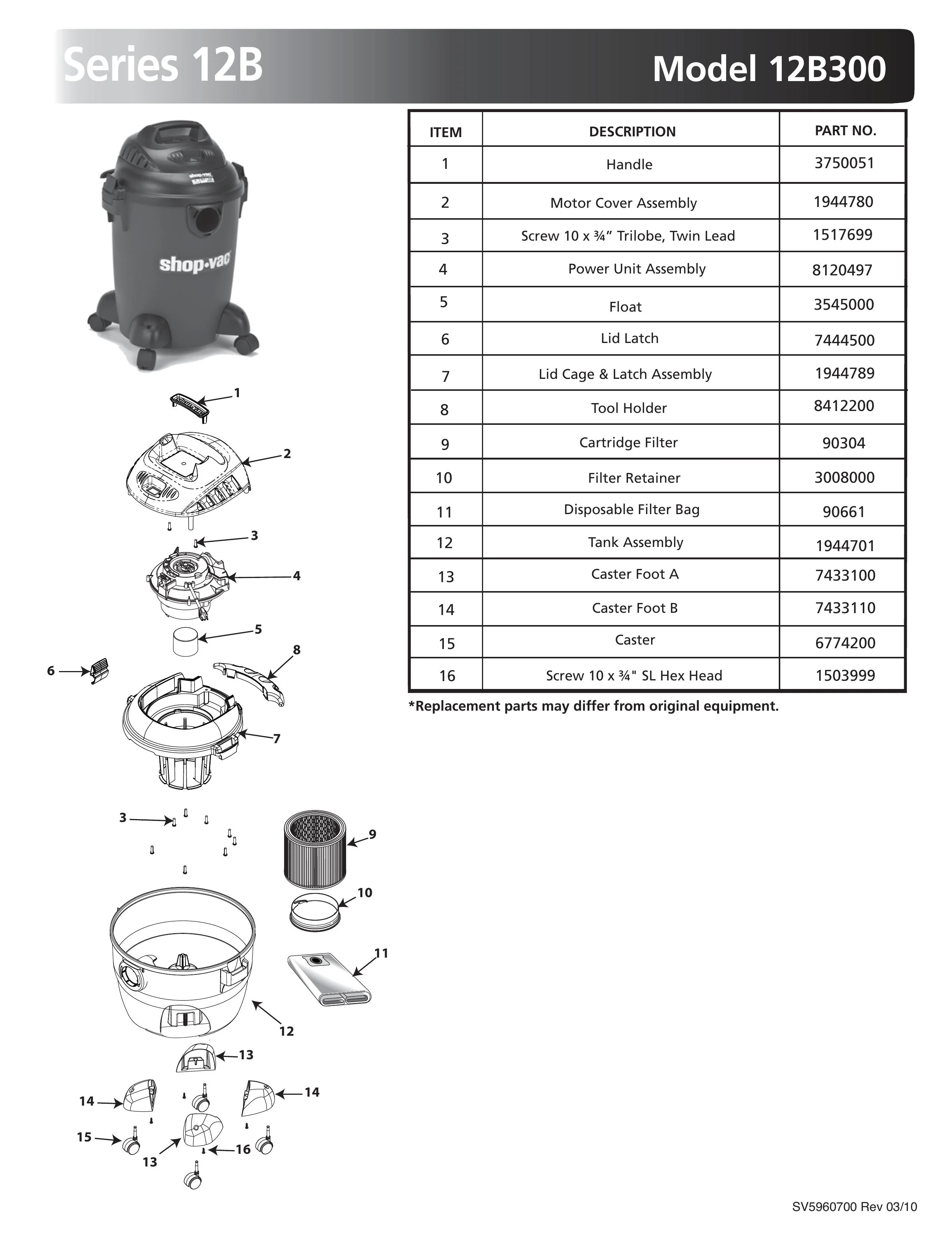 Shop-Vac Parts List for 12B300 Models (6 Gallon* Black Vac)