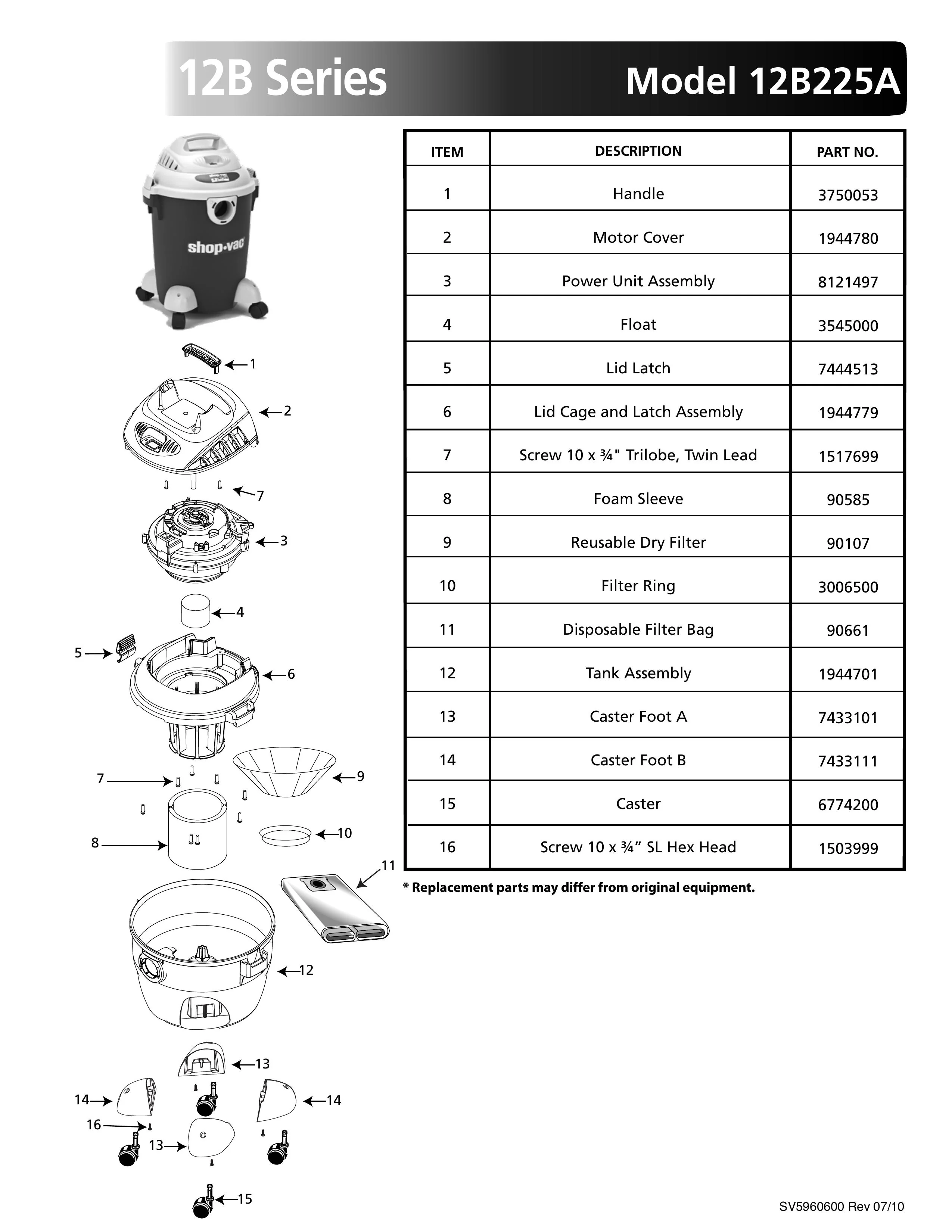 Shop-Vac Parts List for 12B225A Models (6 Gallon* Green / Gray Vac)